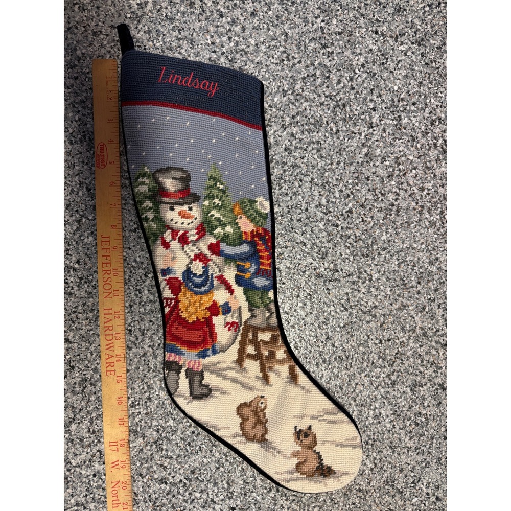 Lands End Needlepoint Christmas Stocking Wool Snowman Lindsay Personalized Navy